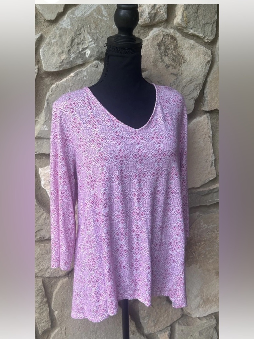 Chico's Ultimate Tee Tunic 2 (L) Pink White V Neck Hi Lo Hem - Picture 1 of 8
